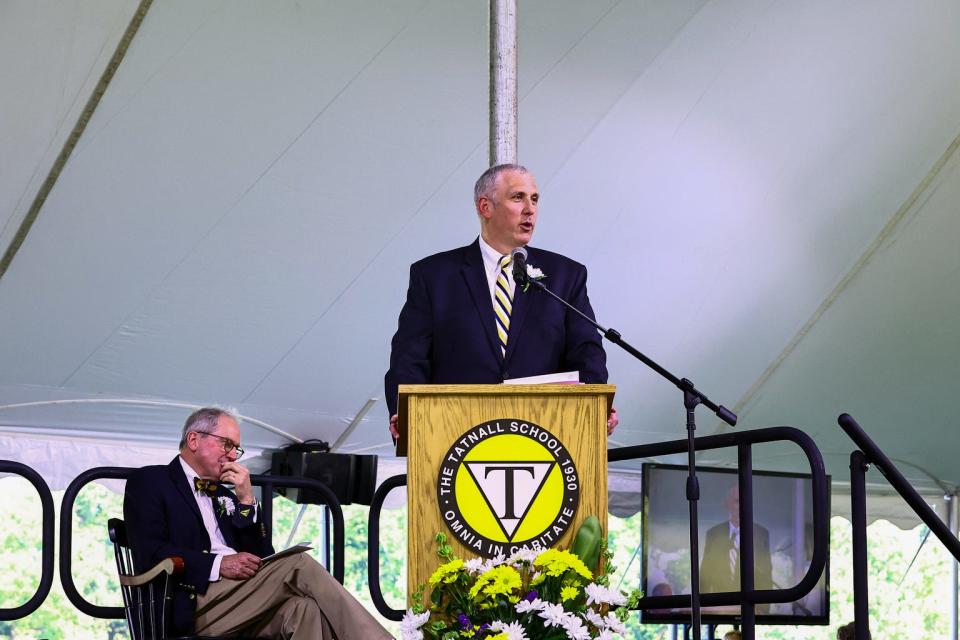 Tatnall head of school Andrew Martire delivers welcome remarks at the school's graduation in Greenville on Saturday, June 5, 2021.