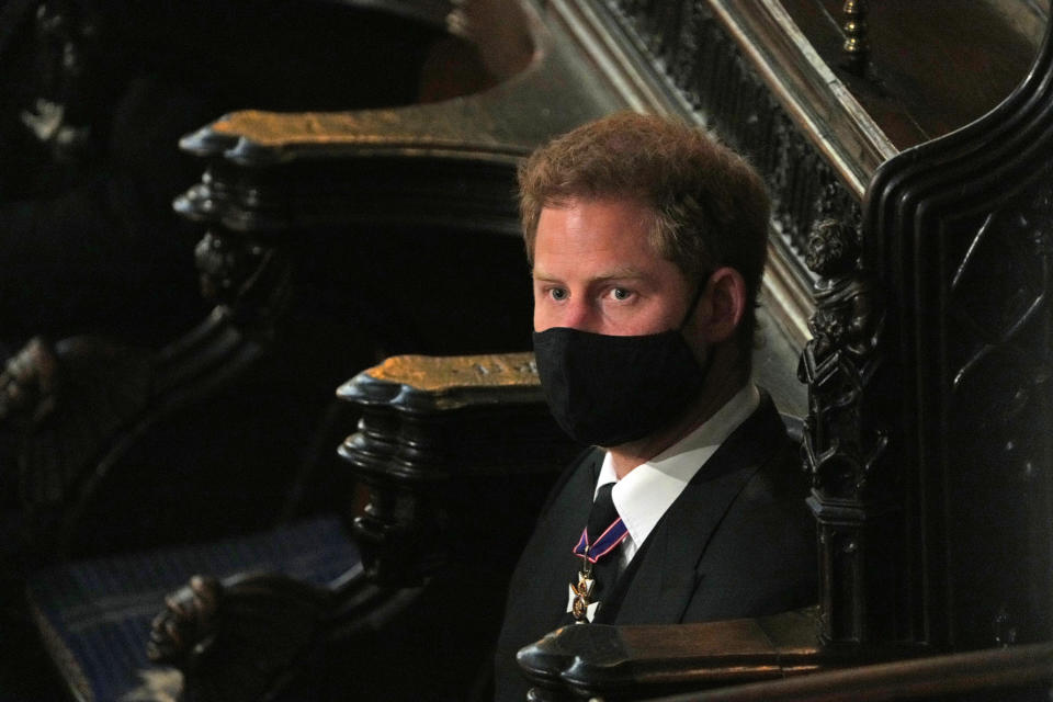 The Duke of Sussex during the funeral of the Duke of Edinburgh in St George's Chapel, Windsor Castle, Berkshire. Picture date: Saturday April 17, 2021.