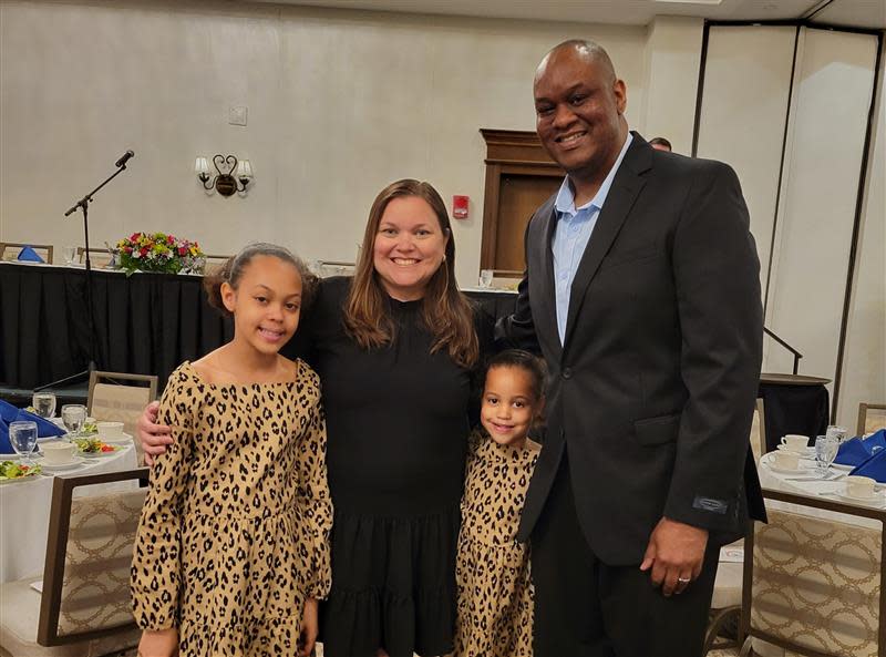 The Standard-Times sports editor Laurie Los Lee, second from left, poses with her daughters, Mackenzie and Makayla, and husband, Robert, at the Massachusetts High School Football Coaches Association banquet on Sunday, May 5, 2024. She was the 48th recipient of the Media Award.