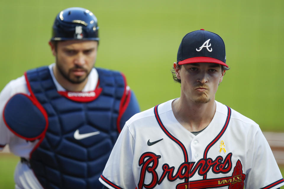 ATLANTA, GA - SEPTEMBER 05: Max Fried #54 of the Atlanta Braves returns to the dugout in the first inning of an MLB game against the Washington Nationals at Truist Park on September 5, 2020 in Atlanta, Georgia. (Photo by Todd Kirkland/Getty Images)