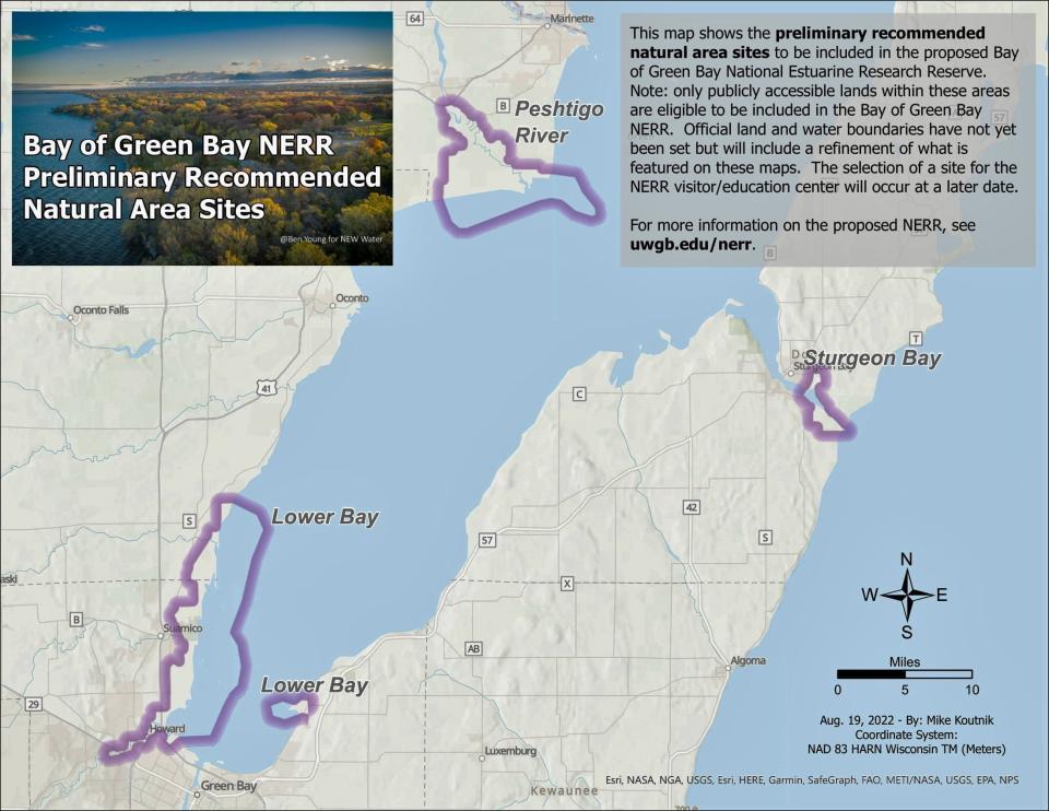 This map shows preliminary recommendations for sites on the bay of Green Bay, including sites in Sturgeon Bay, that could be part of a new National Estuarine Research Reserve.