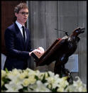 <p>Eddie Redmayne during a reading as he joins F=family and friends at the funeral of Professor Stephen Hawking at the University Church of St Mary the Great in the centre of Cambridge, England on March 31, 2018. (Photo: Andrew Parsons/i-Images via ZUMA Press) </p>