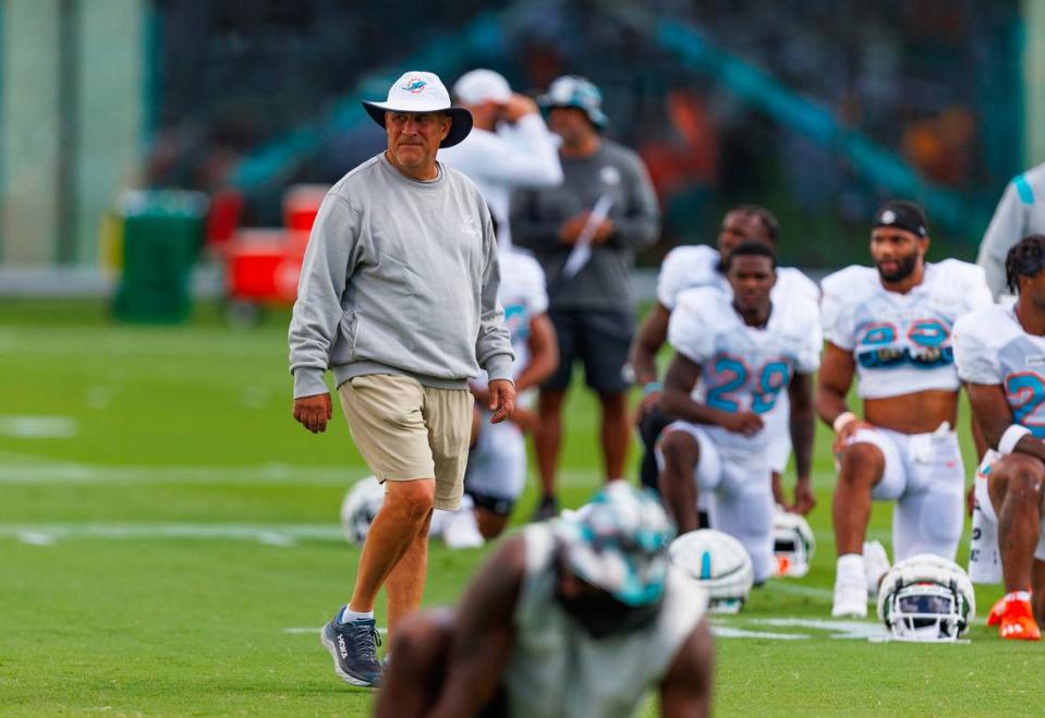 Miami Dolphins defensive coordinator Vic Fangio looks on during NFL football training camp at Baptist Health Training Complex in Hard Rock Stadium on Tuesday, August 1, 2023 in Miami Gardens, Florida.