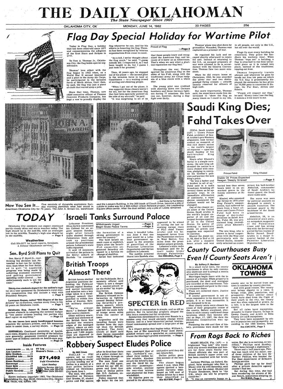 The front page of the June 14, 1982, edition of The Daily Oklahoman featured the demolition of the John A. Brown warehouse, making way for the Leadership Square office center.