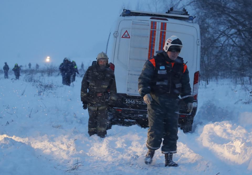 <p>Emergency services work at the scene where a short-haul regional Antonov AN-148 plane crashed after taking off from Moscow’s Domodedovo airport, outside Moscow, Russia on Feb. 11, 2018. (Photo: Maxim Shemetov/Reuters) </p>