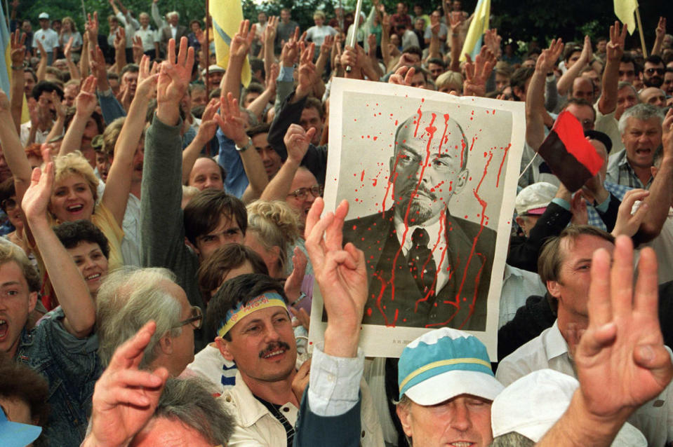 <div class="inline-image__title">51952688</div> <div class="inline-image__caption"><p>Ukrainians demonstrate in front of the Communist Party’s central committee headquarters, Aug. 25, 1991, in Kyiv, after the Soviet republic declared its independence.</p></div> <div class="inline-image__credit">Photo by Anatoly Saproneko/AFP via Getty Images</div>