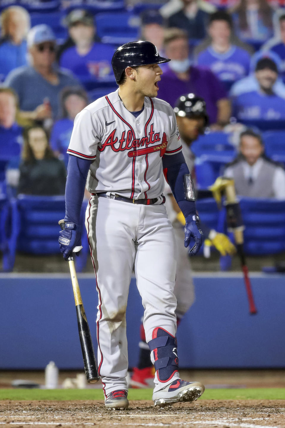 Atlanta Braves' Alex Jackson reacts to being called out on strikes against the Toronto Blue Jays during the sixth inning of a baseball game Friday, April 30, 2021, in Dunedin, Fla. (AP Photo/Mike Carlson)