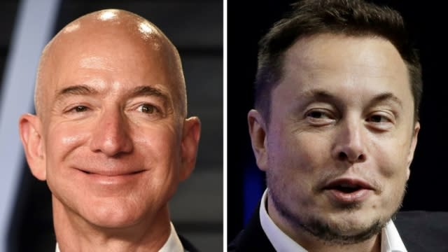 This combination photo shows Amazon founder Jeff Bezos, left, and Tesla CEO Elon Musk.