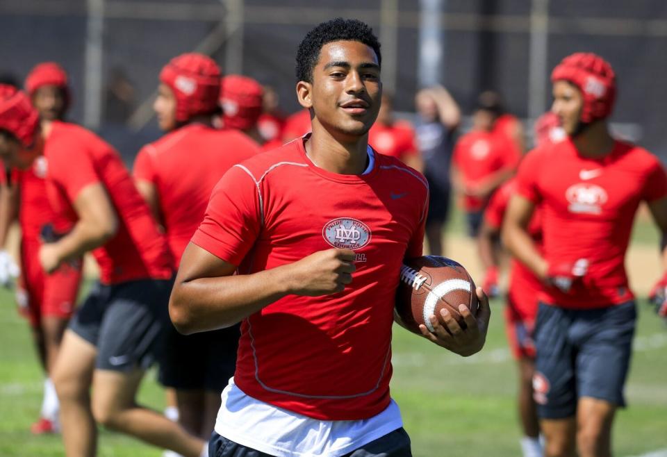 Bryce Young works out during a Mater Dei football practice.