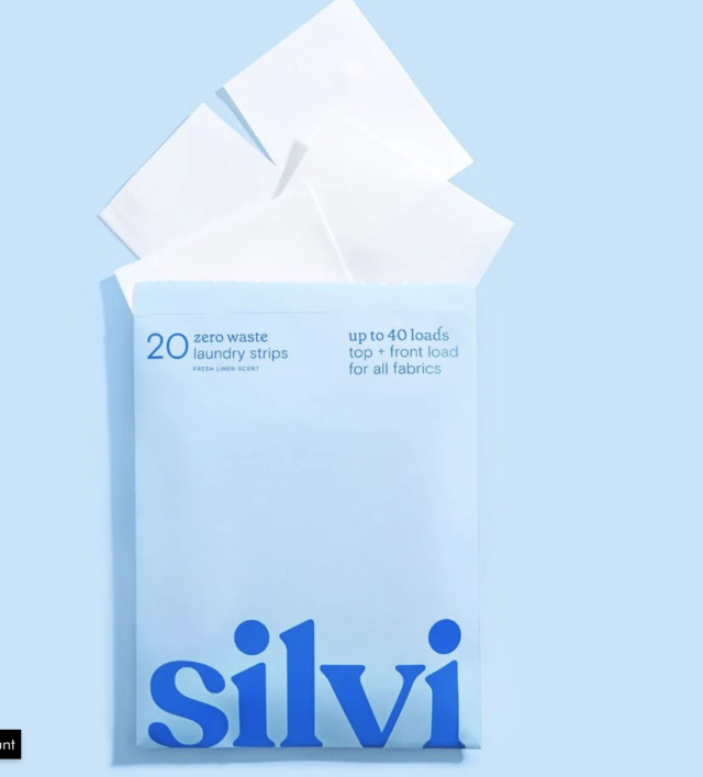 Silvi's Zero-Waste Laundry Strips on a blue background