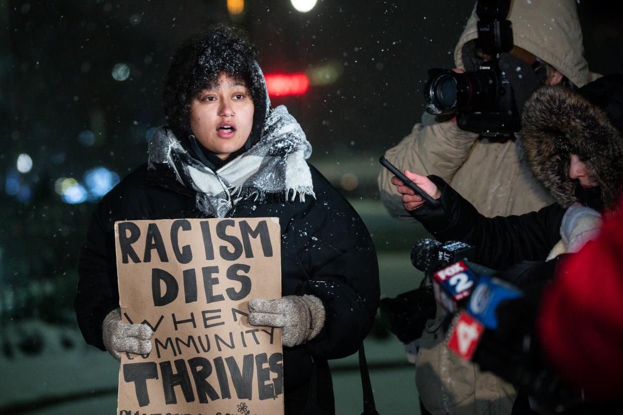 Sammie Lewis of Detroit Club Communist Party USA speaks in response to the death of Tyre Nichols at the Spirit Plaza in downtown Detroit on Friday, Jan. 27, 2023.