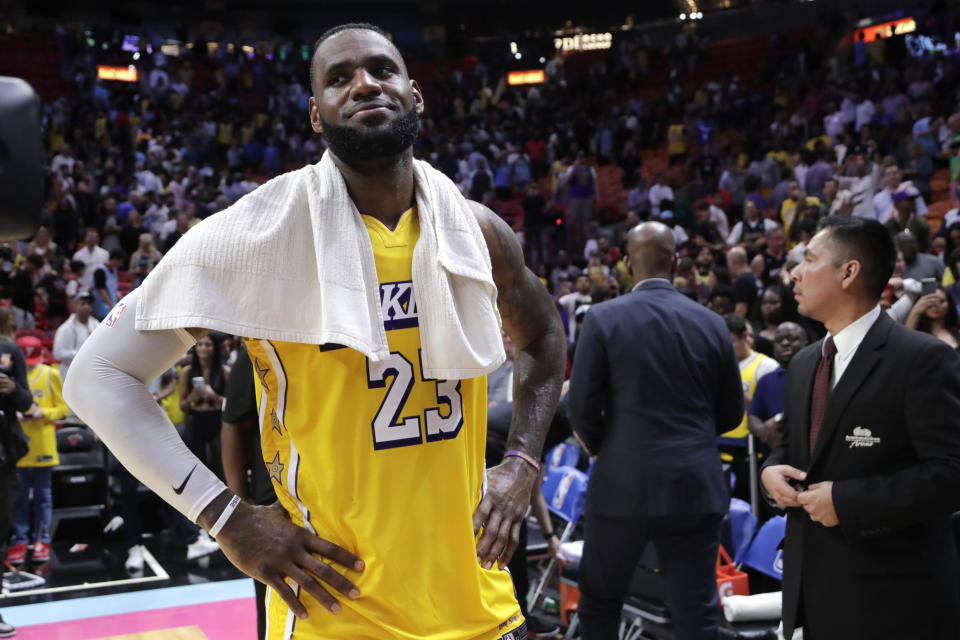 A social media post featuring a LeBron James dunk could prove costly for the NBA star. (AP Photo/Lynne Sladky)