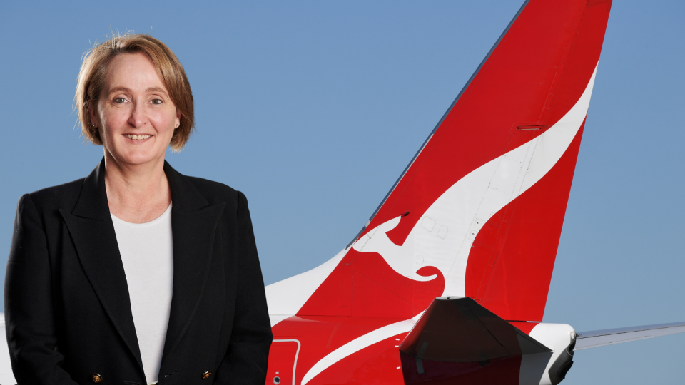 A composite image of incoming Qantas CEO Vanessa Hudson and the Qantas logo on the back of a plane.