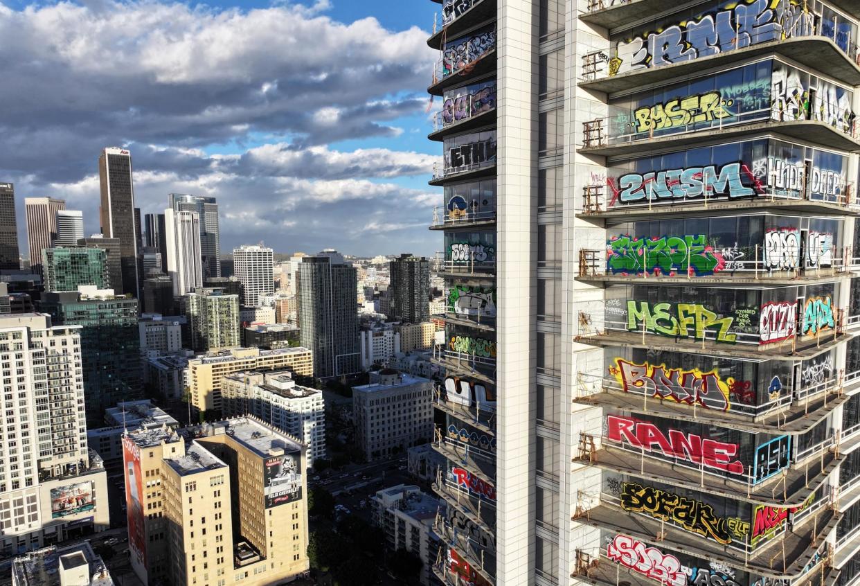 <span>The unfinished Oceanwide Plaza development in downtown Los Angeles.</span><span>Photograph: Mario Tama/Getty Images</span>