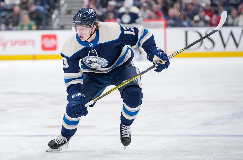 Columbus Blue Jackets center Kent Johnson (13) skates up ice during the first period of the NHL game against the Ottawa Senators at Nationwide Arena on April 22, 2022.