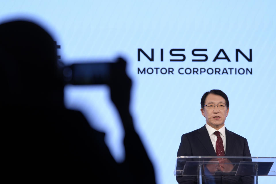 Takao Kato, CEO of Mitsubishi Motors speaks during a Renault Nissan Mitsubishi press conference in London, Monday, Feb. 6, 2023. (AP Photo/Kirsty Wigglesworth)