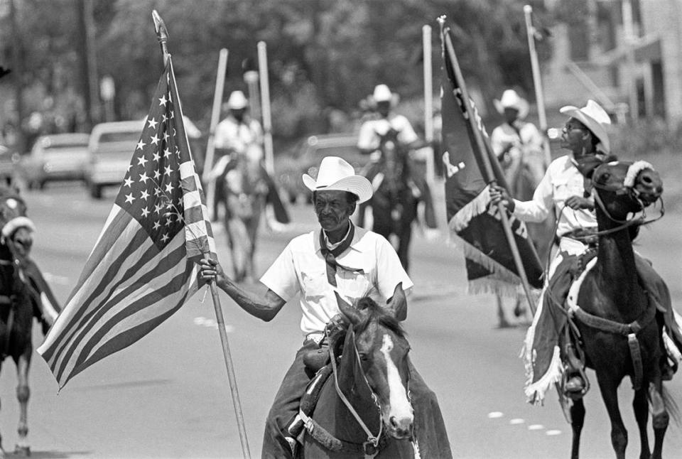 Juneteenth parade participants on horseback in the 1983 celebration in Fort Worth