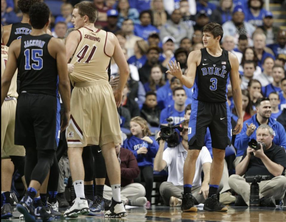 Duke's Grayson Allen reacts after being called for a foul from tripping an Elon player. (AP)