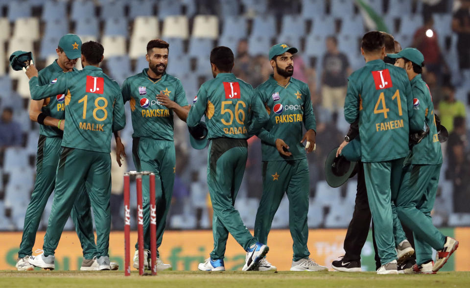 Pakistan players celebrates winning the third T20 cricket match between South Africa and Pakistan at the Centurion Park in Pretoria, South Africa, Wednesday, Feb. 6, 2019. Pakistan beat South Africa by 27 runs. (AP Photo/Themba Hadebe)