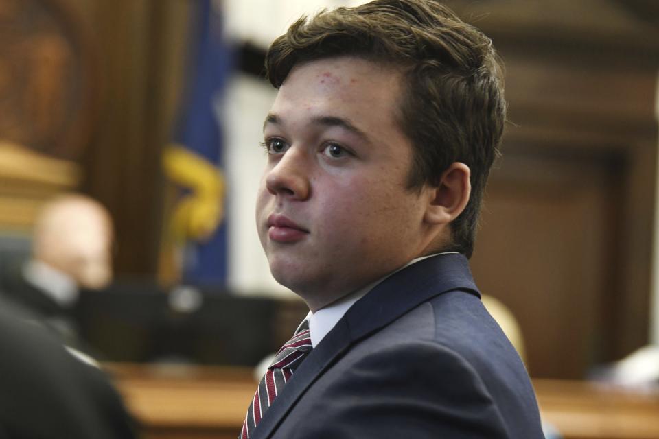 Kyle Rittenhouse, accused of shooting three people during a protest against police brutality in Wisconsin last year, appears for a motion hearing, Tuesday, Oct. 5, 2021, in Kenosha, Wis. (Mark Hertzberg/Pool Photo via AP)