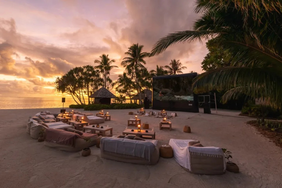 An outdoor movie screening set up — one of many luxurious amenities on the island. Maxime Messier