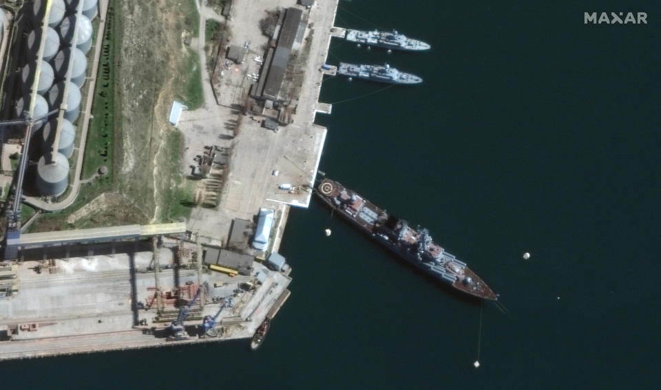 A satellite image shows the Moskva in port at Sevastopol in Crimea in early April. (Maxar Technologies via AP)