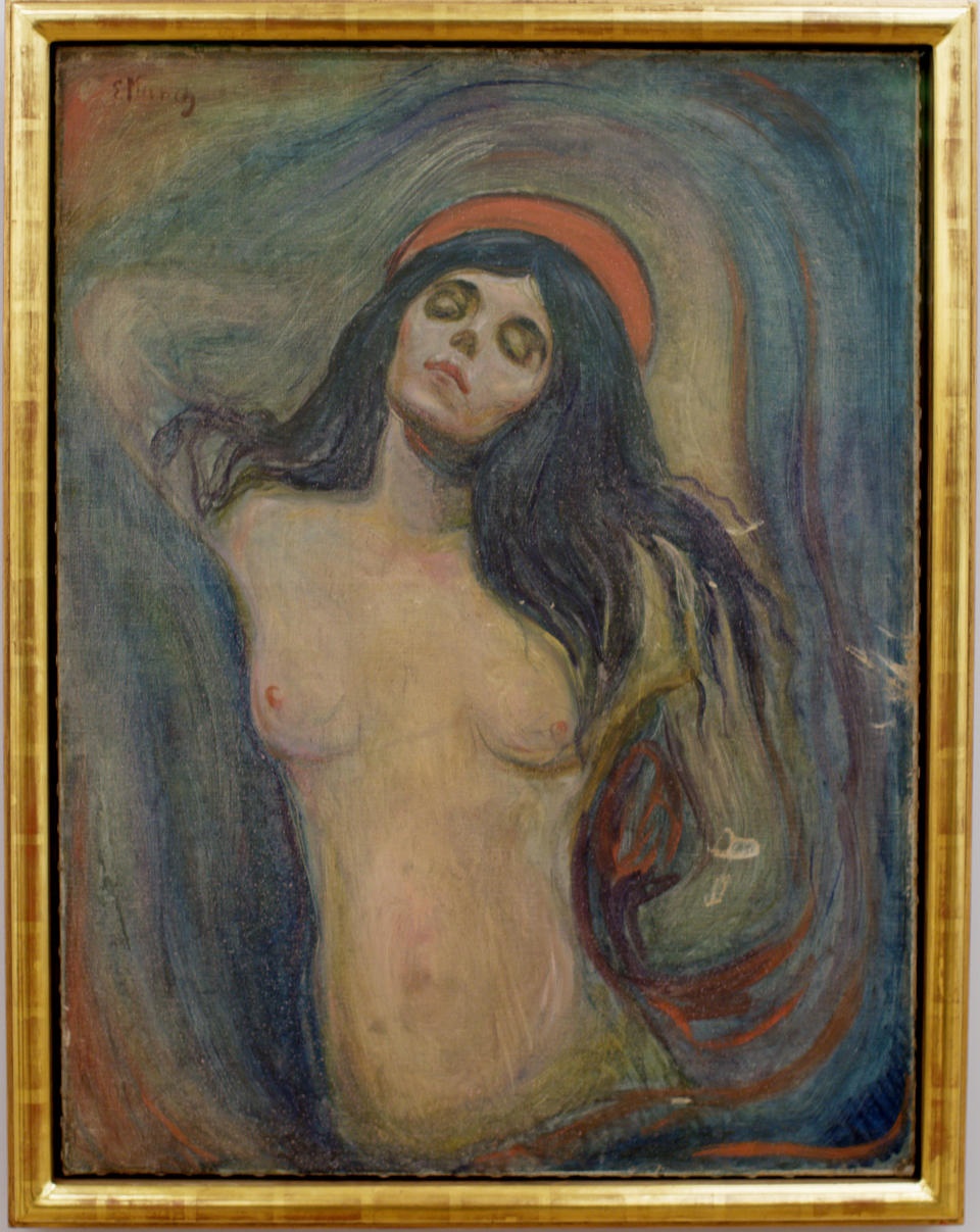 FILE - In this May 21, 2008 file photo, Edvard Munch's painting "Madonna" is displayed at the Munch Museum in Oslo. A Rotterdam museum art heist this week netted paintings by Pablo Picasso, Claude Monet, Henri Matisse and others — but it's not the first time that money-conscious thieves with an eye for beauty have targeted famous multimillion-dollar canvasses. (AP Photo/Scanpix Norway, Stian Lysberg Solum, File) NORWAY OUT