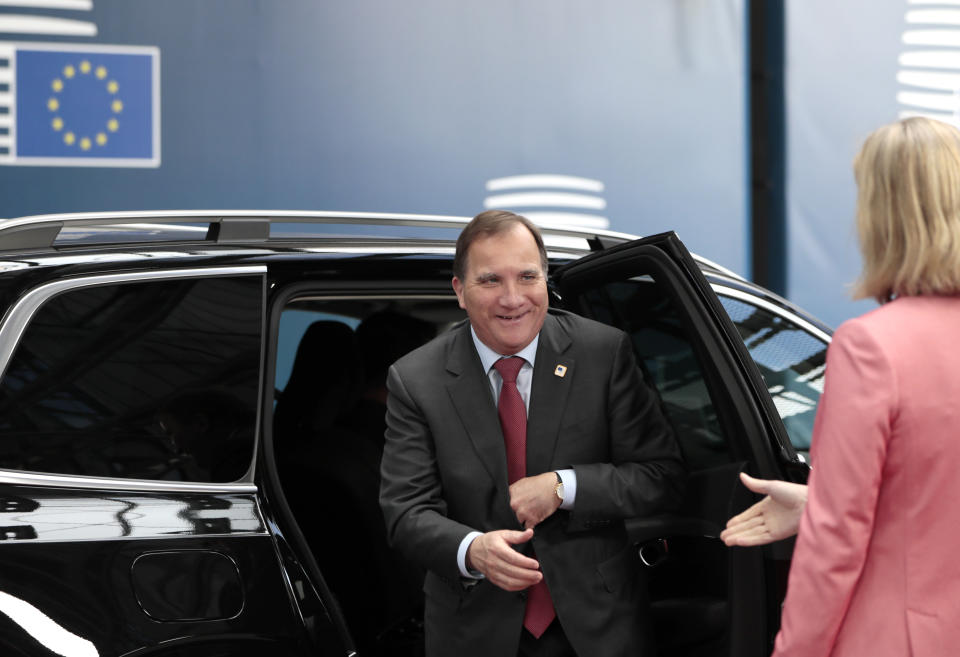 Swedish Prime Minister Stefan Lofven arrives for an EU summit at the Europa building in Brussels, Friday, June 21, 2019. EU leaders conclude a two-day summit on Friday in which they will discuss the euro-area. (AP Photo/Virginia Mayo, Pool)