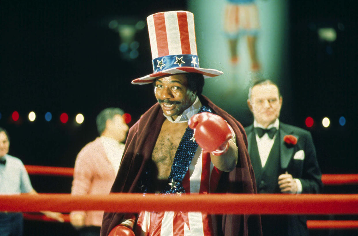  Apollo Creed (Carl Weathers) points to the audience from the ring dressed as Uncle Sam in Rocky. 