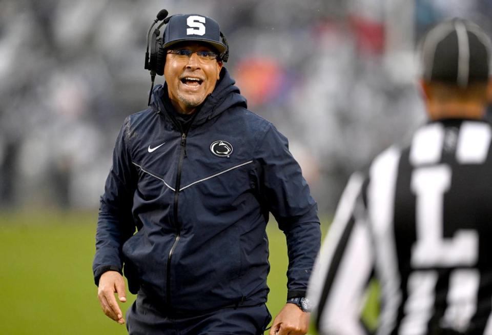 Penn State football coach James Franklin yells to a referee during the game against UMass on Saturday, Oct. 14, 2023.