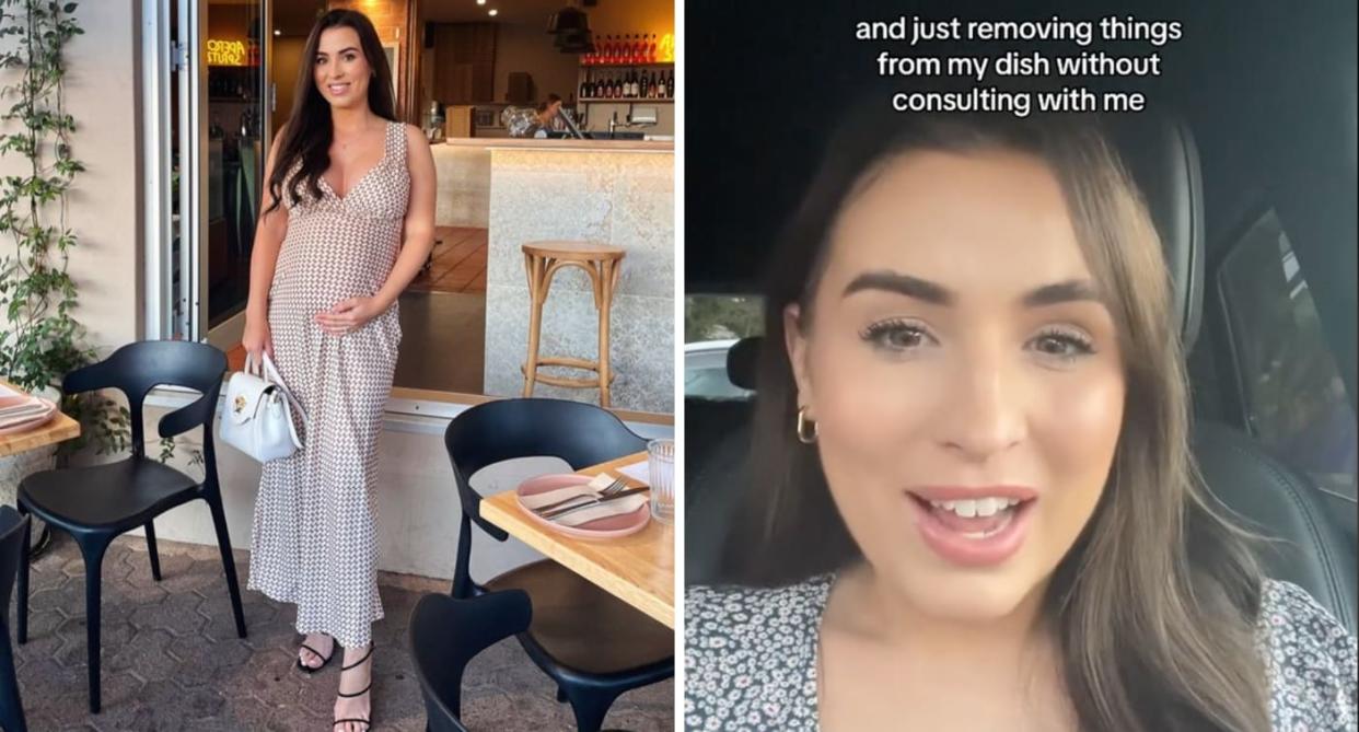 A mum-to-be has shared her outrage after a restaurant made assumptions about her dietary needs as a pregnant woman. Photo: Instagram/TikTok/Brittany Terenowski