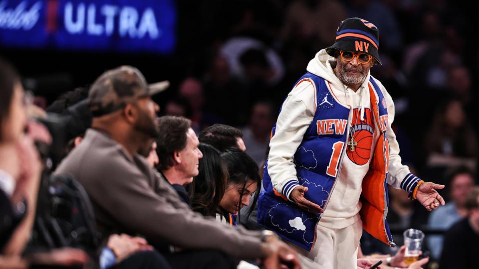 Spike Lee attends the game between the Philadelphia 76ers and the New York Knicks at Madison Square Garden