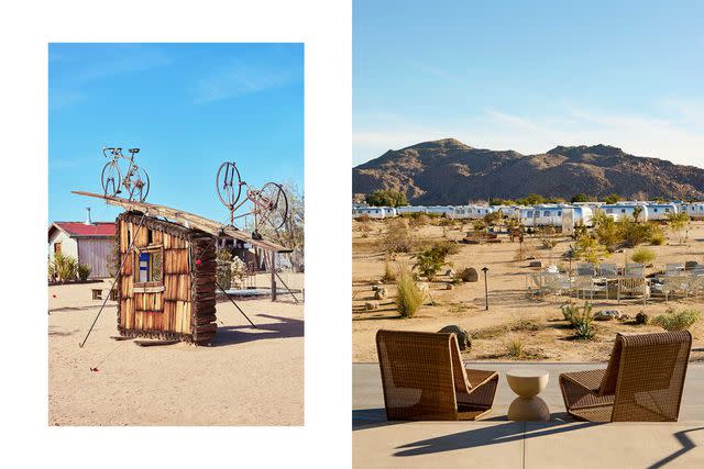 <p>Yasara Gunawardena</p> From left: No Contest, by the late sculptor Noah Purifoy, at the Noah Purifoy Outdoor Desert Art Museum; accommodations at AutoCamp Joshua Tree include 47 refurbished Airstreams (A/C included).