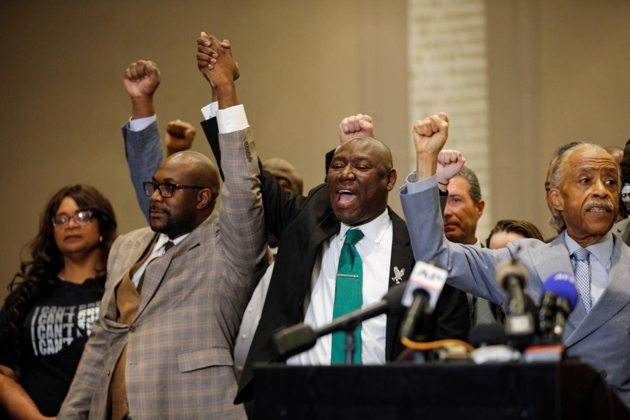 Reverend Al Sharpton, Attorney Ben Crump and Philonise Floyd attend a news conference following the verdict in the trial of former Minneapolis police officer Derek Chauvin, found guilty of the death of George Floyd, in Minneapolis, Minnesota, U.S., April 20, 2021. (Nicholas Pfosi/Reuters)