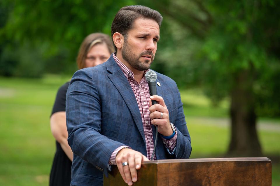 Mayor Scott Conger speaks during the Trail of Truth dedication unveiling in Shirlene Mercer Park on Wednesday, May 24, 2023.