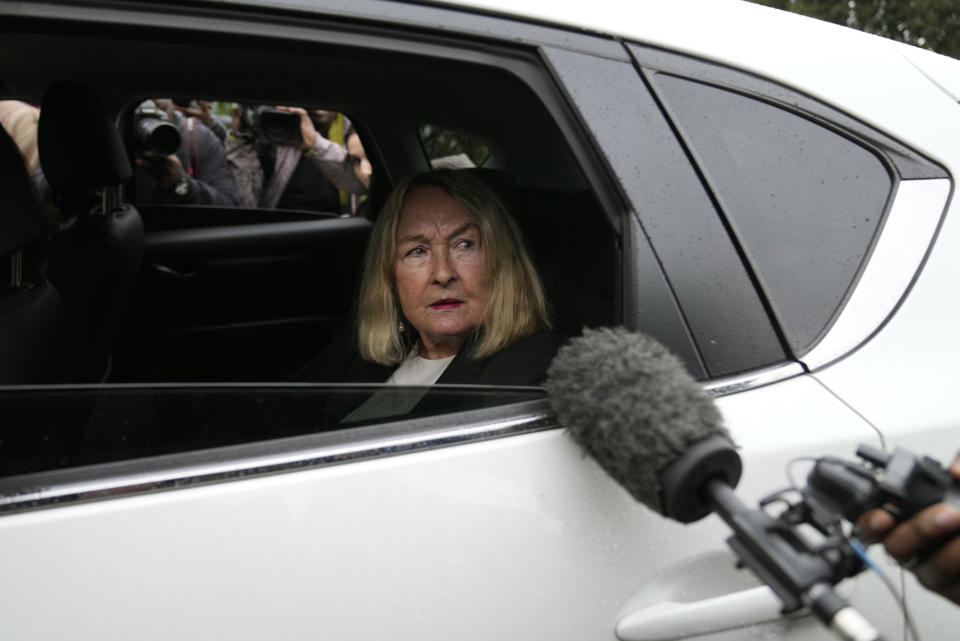 June Steenkamp, the mother of Reeva Steenkamp arrives at the Atteridgeville Prison for the parole hearing of Oscar Pistorius, in Pretoria, South Africa, Friday, March 31, 2023. The parents of Reeva Steenkamp, the woman Oscar Pistorius shot dead 10 years ago, will oppose the former Olympic runner's application for parole, their lawyer said Friday. (AP Photo/Themba Hadebe)