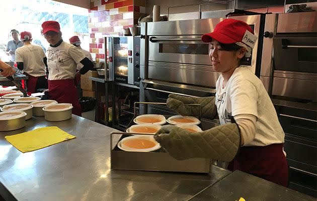 After 45 minutes, out come the freshly baked cheesecakes. Photo: Yahoo7 Be