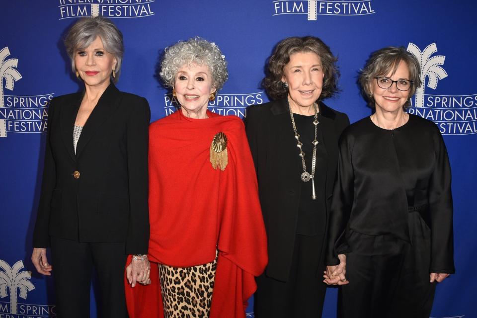 PALM SPRINGS, CALIFORNIA - JANUARY 06: (L-R) Jane Fonda, Rita Moreno, Lily Tomlin and Sally Field attend the 2023 Palm Springs International Film Festival: World Premiere of "80 For Brady" at Palm Springs High School on January 06, 2023 in Palm Springs, California. (Photo by David Crotty/Getty Images)