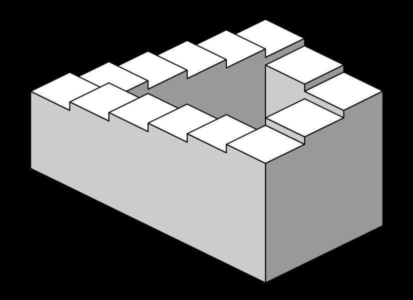 This is a variation on the Penrose Triangle. You could climb the stairs forever and never get any higher. That is only possible in two dimensions. This endless staicase can be found also in the paintings of M. C. Escher or also in the movie Inception by Christopher Nolan.