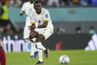 Ghana's Tariq Lamptey grimaces during a World Cup group H soccer match against Portugal at the Stadium 974 in Doha, Qatar, Thursday, Nov. 24, 2022. (AP Photo/Manu Fernandez)