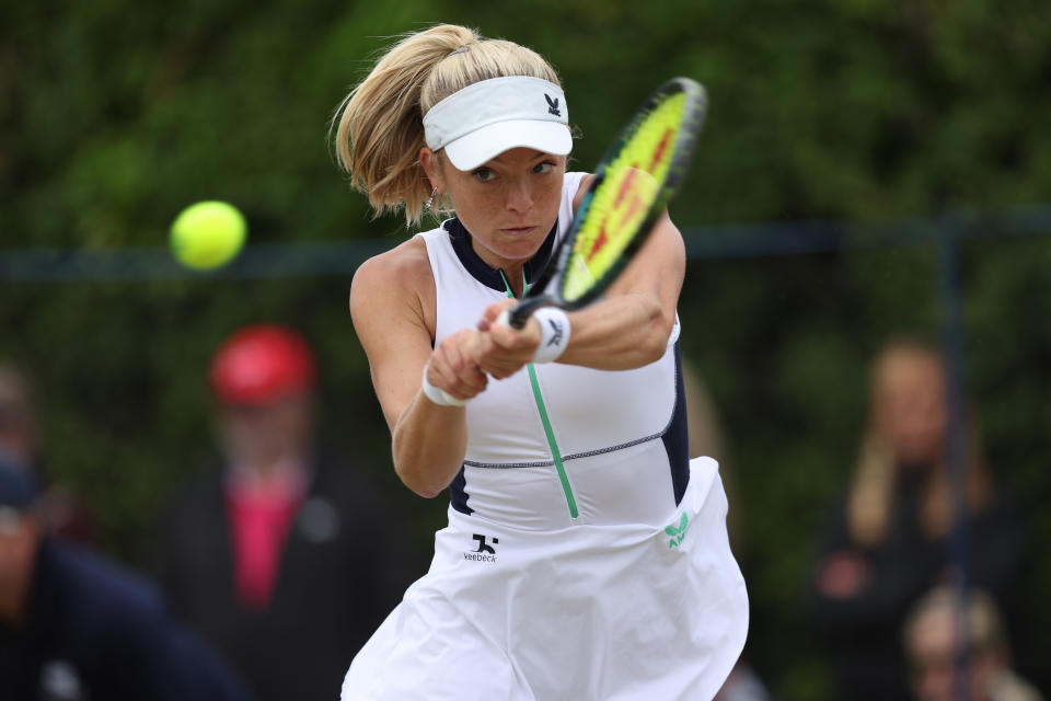 Katie Swan of Great Britain in against Carol Zhao of Canada during the Lexus Surbiton Trophy at Surbiton Racket & Fitness Club on June 06, 2023 in Surbiton, England. (Photo by Christopher Lee/Getty Images for ITF)