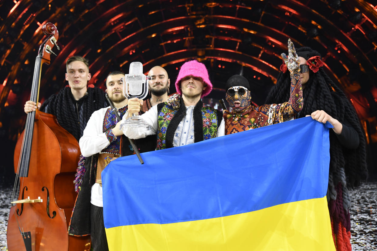 TURIN, ITALY - MAY 14: Kalush Orchestra of Ukraine are named the winners during the Grand Final show of the 66th Eurovision Song Contest at Pala Alpitour on May 14, 2022 in Turin, Italy. (Photo by Giorgio Perottino/Getty Images)