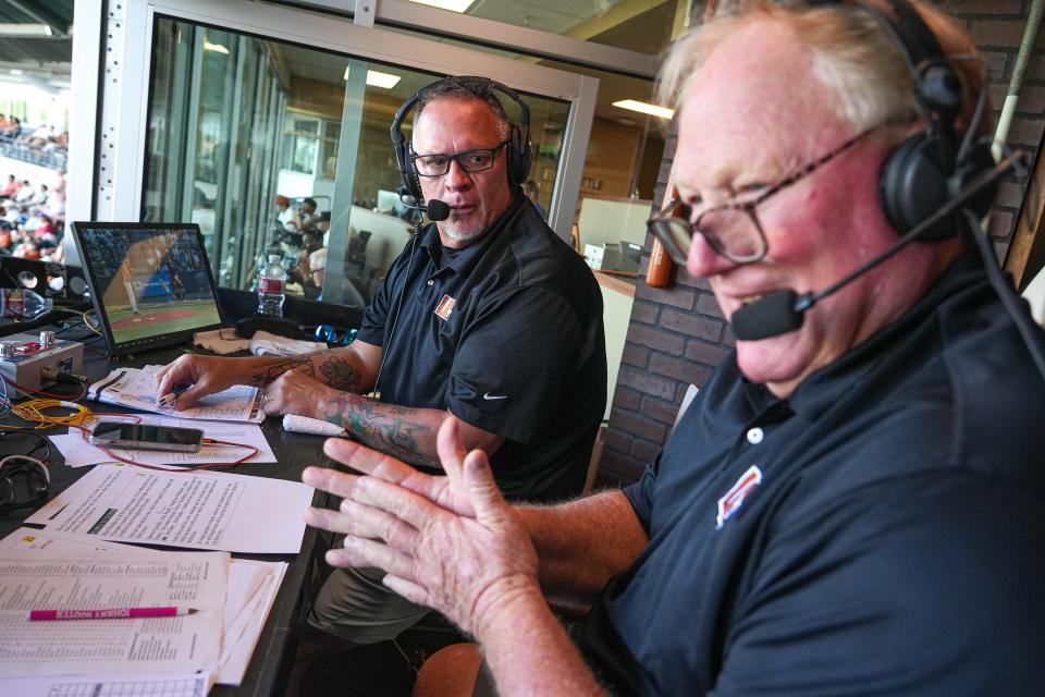 Longhorn legends Greg Swindell, left, and Keith Moreland call the final baseball game for the Longhorn Network in Texas' 9-7 win over Kansas at UFCU Disch-Falk Field. The duo has called in the neighborhood of 400 games together for the LHN, which will cease operation on July 1 after 13 years.