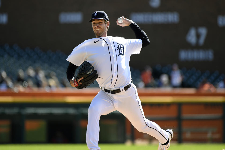 Detroit Tigers starting pitcher Joey Wentz throws against the Minnesota Twins during the first inning of a baseball game, Sunday, Oct. 2, 2022, in Detroit. (AP Photo/Jose Juarez)