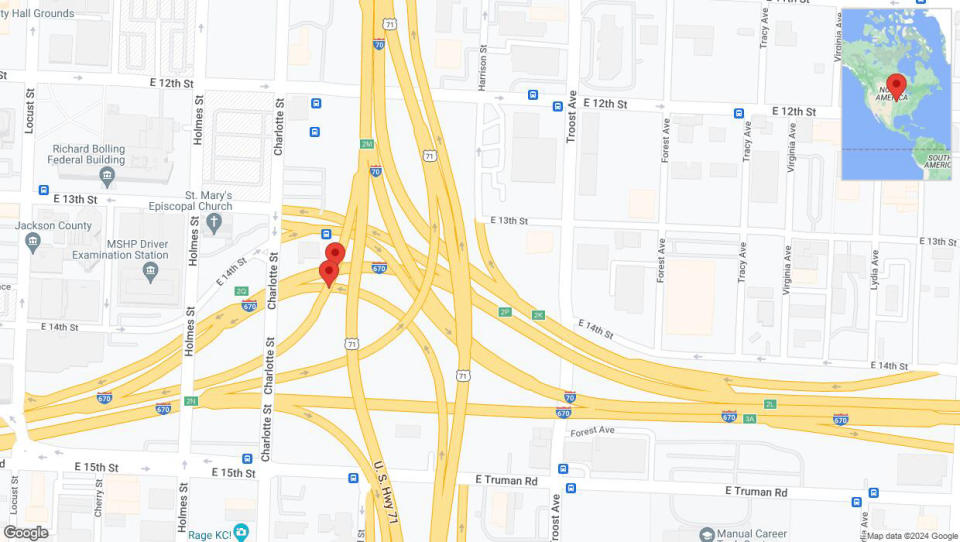 A detailed map that shows the affected road due to 'Broken down vehicle on Charlotte Street in Kansas City' on July 22nd at 2:45 p.m.