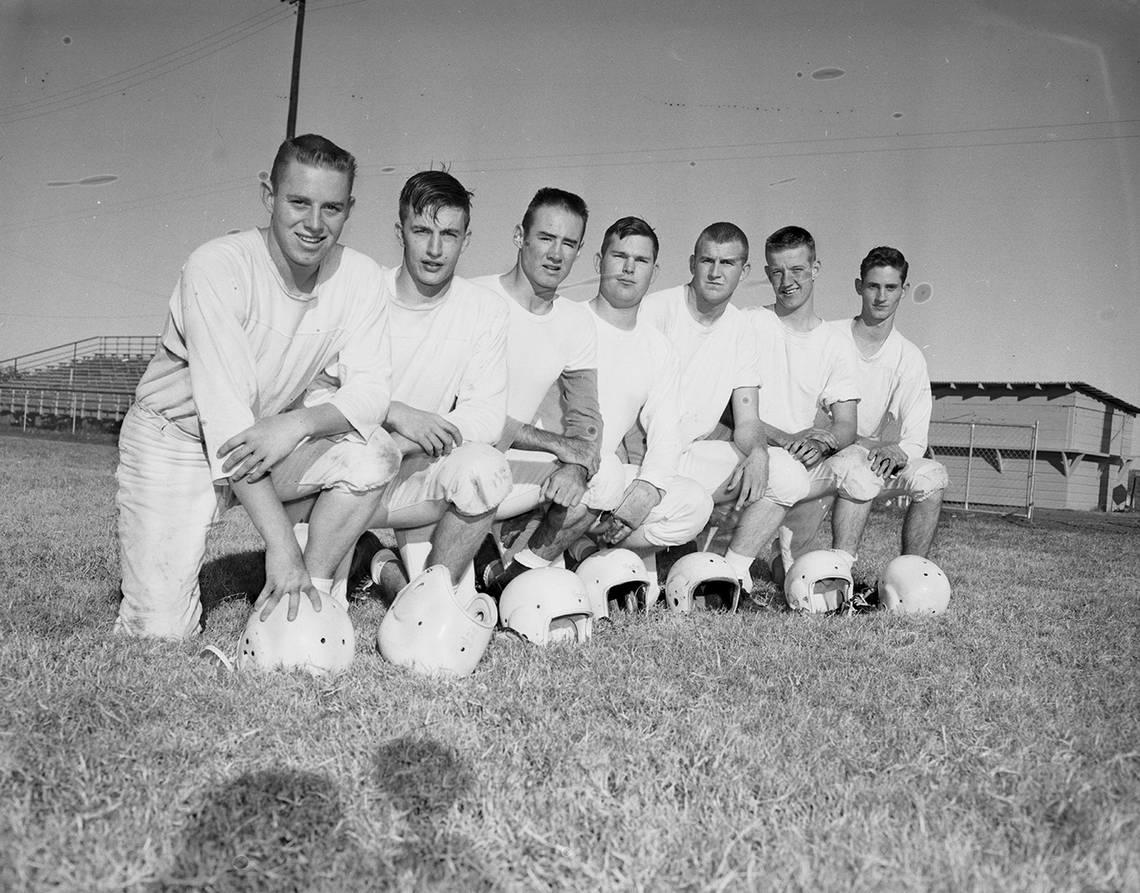 Nov. 17, 1958: “Here’s the Keller starting linemen who’ll face Crowell in Friday in Friday night’s bi-district playoff in Olney. From left: Guard William Loffland, Center Ronnie White, Tackle Charles Willard, Guard Joe Johnson, End Bill Bentley, End Jerry Steward and Tackle James Reese.” Fort Worth Star-Telegram archive/UT Arlington Special Collections