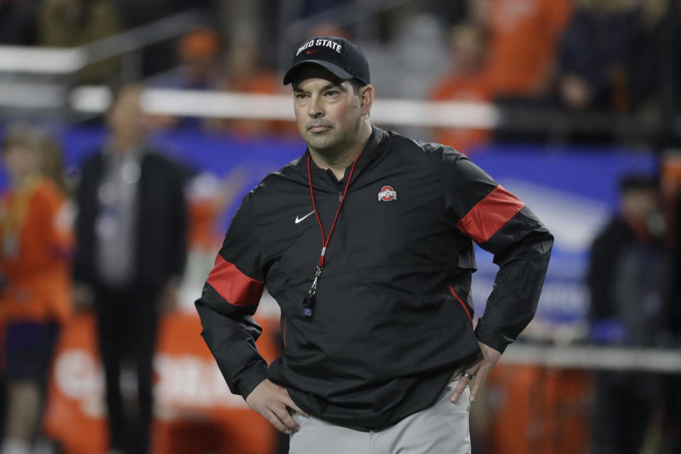 FILE - In this Saturday, Dec. 28, 2019 file photo, Ohio State head coach Ryan Day watches from the sidelines during the first half of the Fiesta Bowl NCAA college football game against Clemson, in Glendale, Ariz. Clemson is preseason No. 1 in The Associated Press Top 25, Monday, Aug. 24, 2020, a poll featuring nine Big Ten and Pac-12 teams that gives a glimpse at what’s already been taken from an uncertain college football fall by the pandemic. Ohio State was a close No. 2. (AP Photo/Rick Scuteri, File)