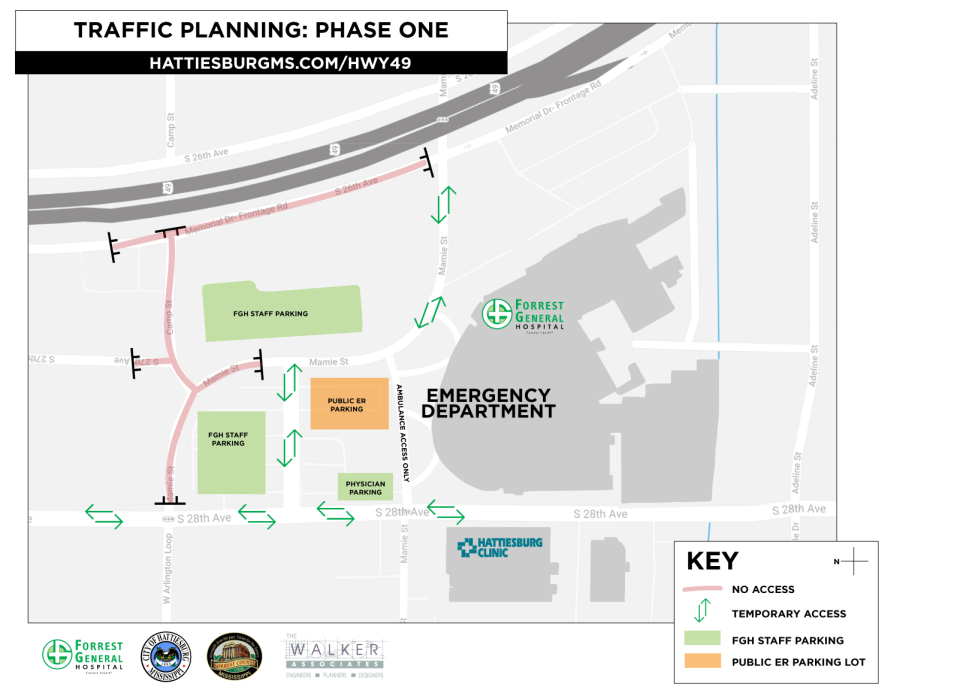 A construction phasing map outlines details of phase one for a $4.6 million seven-phase construction project which will begin on Highway 49 in Hattiesburg, Miss. in February 2022.