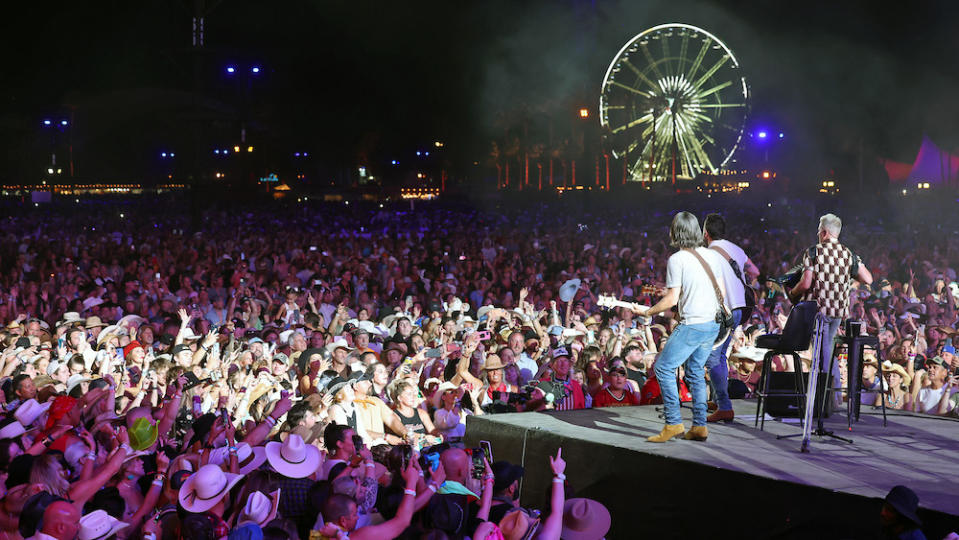 INDIO, CALIFORNIA - APRIL 29: (L-R) Geoff Sprung, Matthew Ramsey, and Trevor Rosen of Old Dominion perform onstage during Day 2 of the 2023 Stagecoach Festival on April 29, 2023 in Indio, California. (Photo by Monica Schipper/Getty Images for Stagecoach)