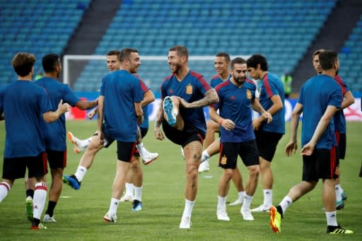 Sergio Ramos and his Spain teammates train on the pitch in Sochi ahead of Friday's clash with Portugal